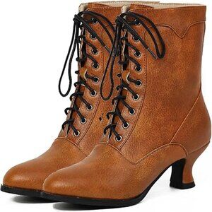 Women's Victorian Ankle Boots - Mid Calf, Round Toe Chunky Heel & Lace Up Detail